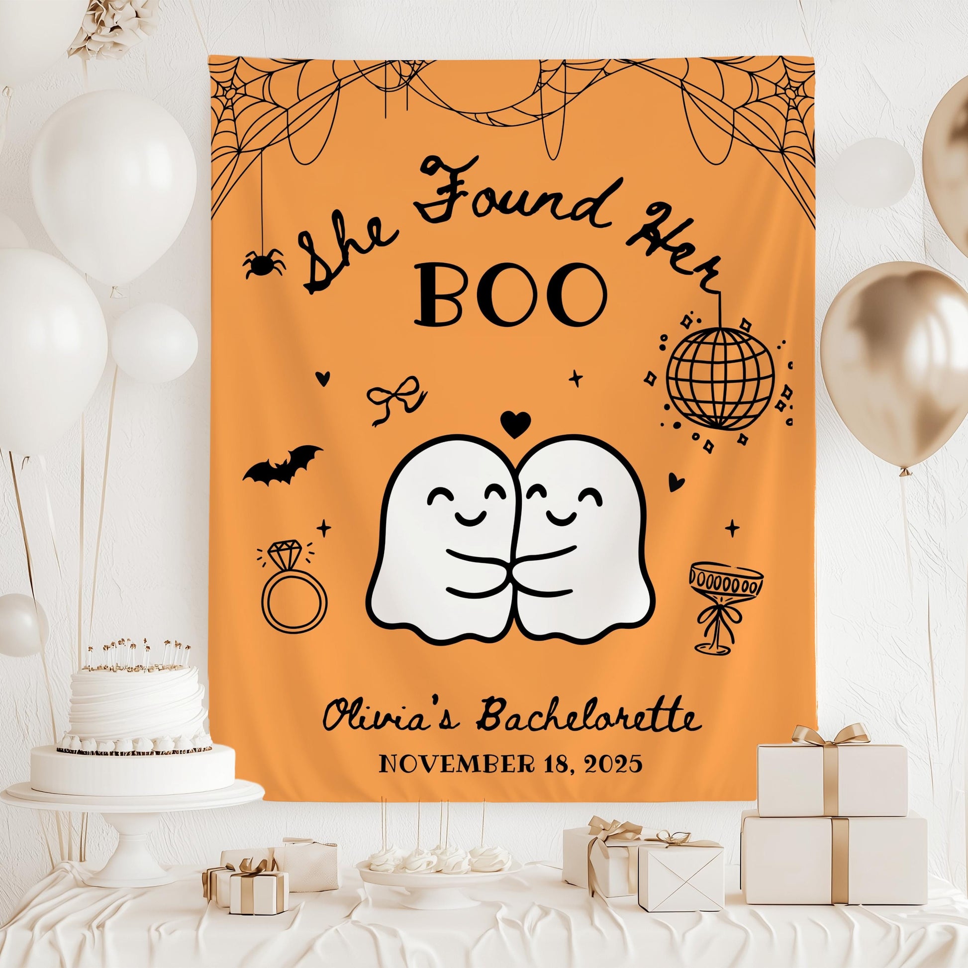 Spooky Bachelorette Party Banner Custom Cute Ghost Bachelorette Banner She Found Her Boo Backdrop Ghost Bridal Shower Fabric Sign Halloween - LAUMIANstudio