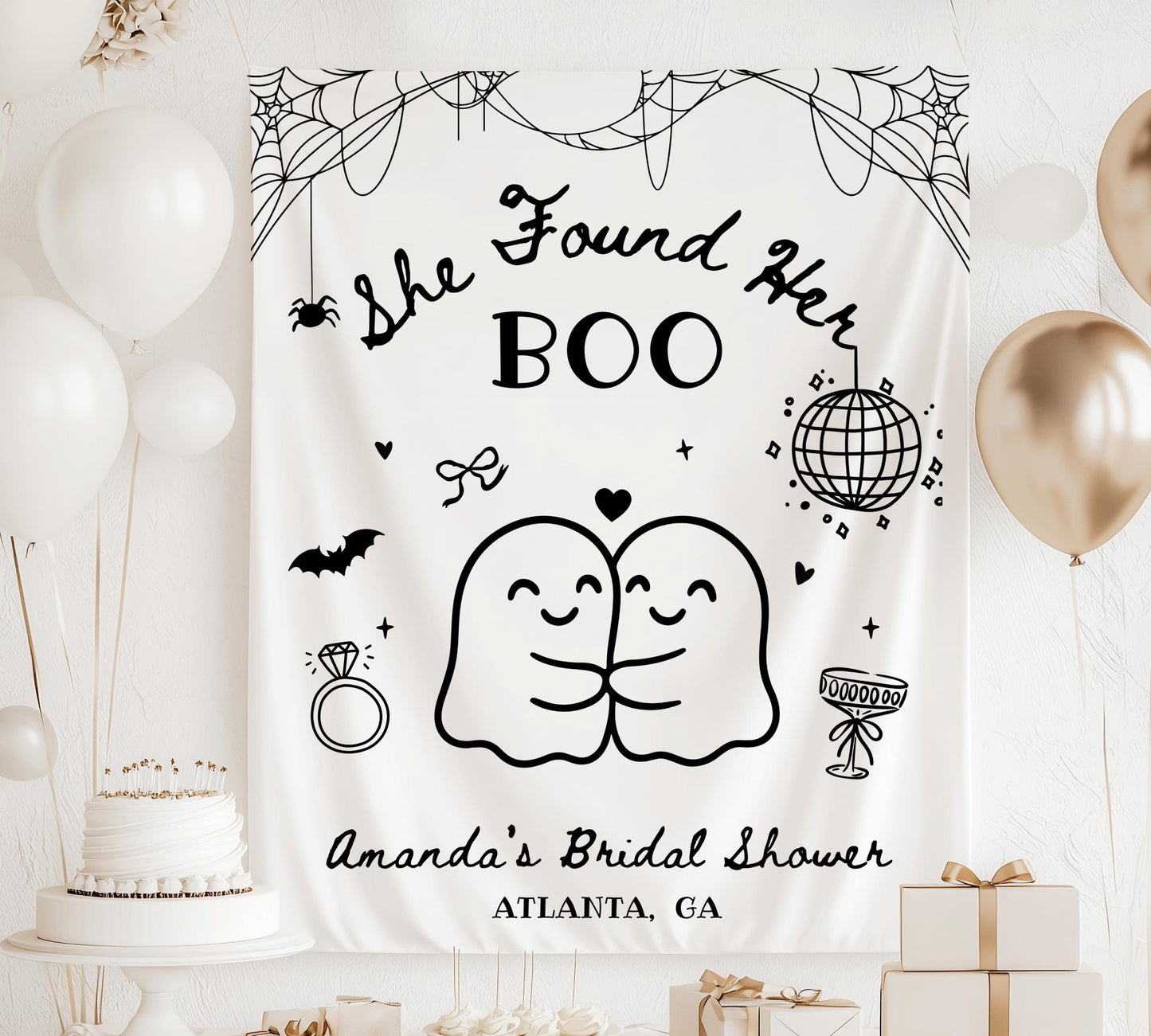 Spooky Bachelorette Party Banner Custom Cute Ghost Bachelorette Banner She Found Her Boo Backdrop Ghost Bridal Shower Fabric Sign Halloween - LAUMIANstudio