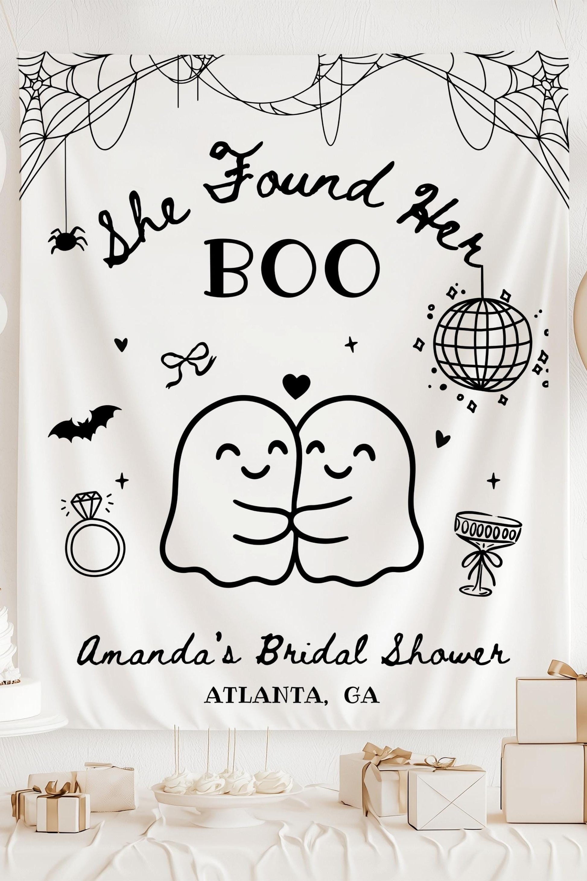 Spooky Bachelorette Party Banner Custom Cute Ghost Bachelorette Banner She Found Her Boo Backdrop Ghost Bridal Shower Fabric Sign Halloween - LAUMIANstudio