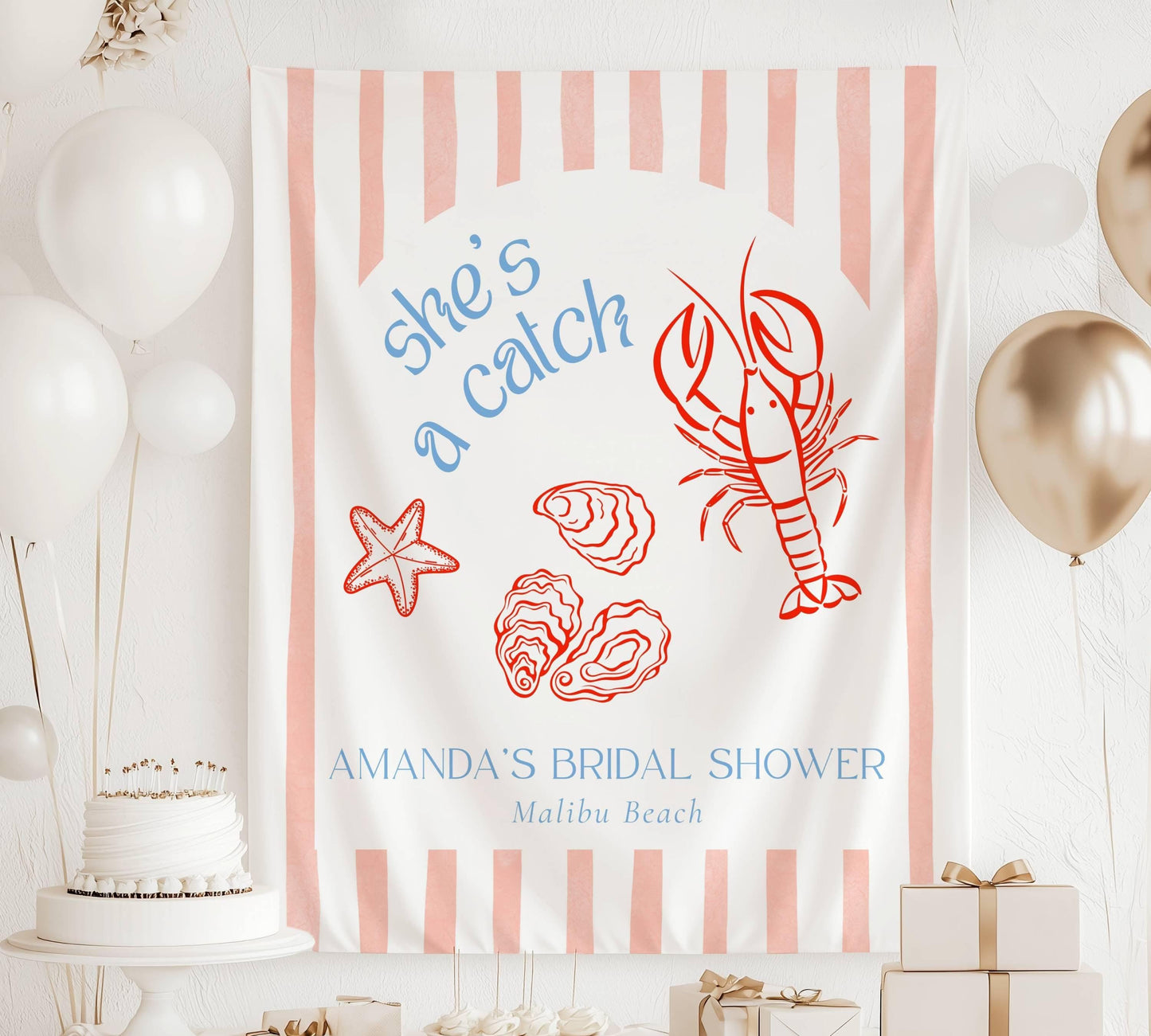 Shes a Catch Bachelorette Party Sign Custom Coastal Bach Party Banner East Coast Bridal Shower Photo Backdrop Lobster Bridal Shower Decor - LAUMIANstudio