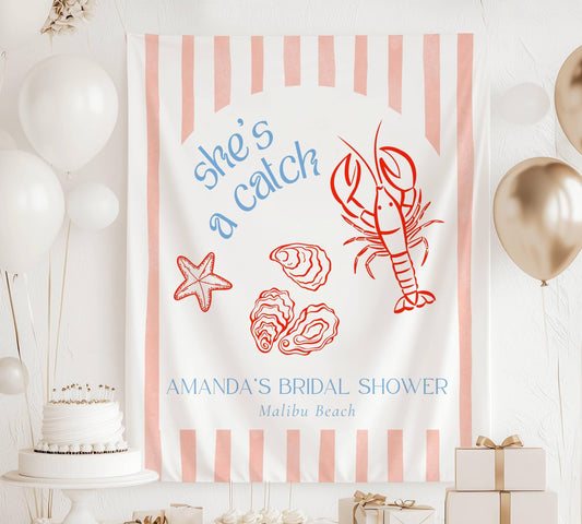 Shes a Catch Bachelorette Party Sign Custom Coastal Bach Party Banner East Coast Bridal Shower Photo Backdrop Lobster Bridal Shower Decor - LAUMIANstudio