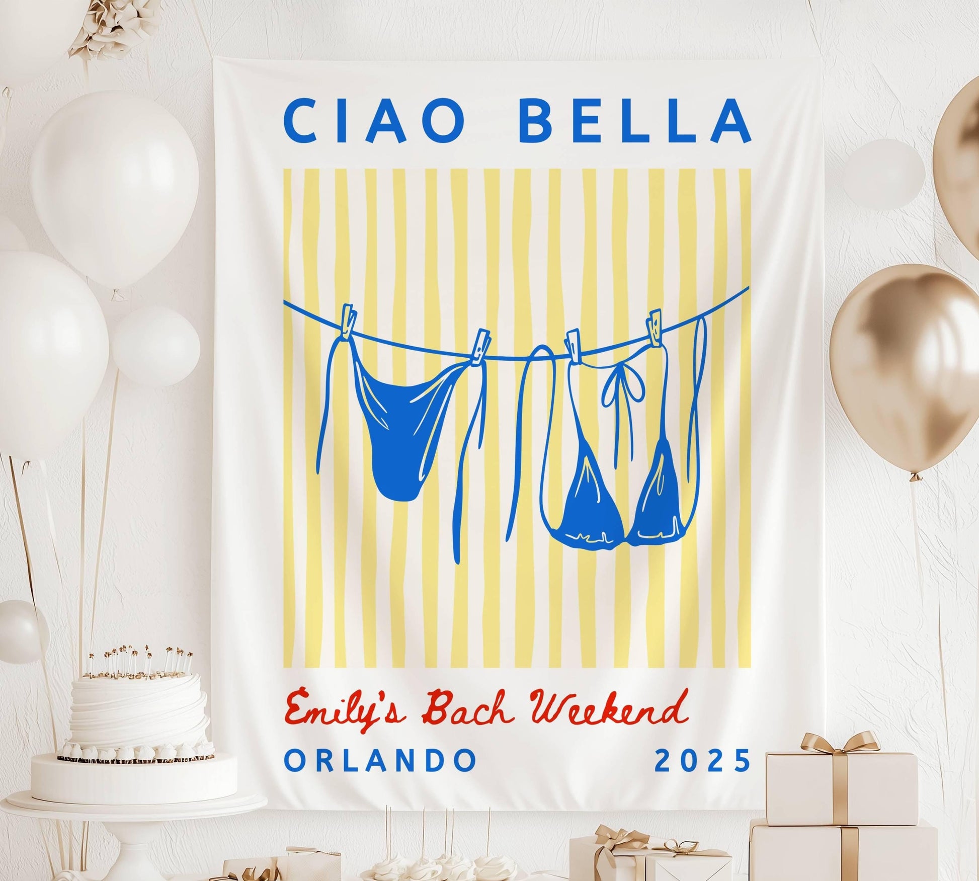 Ciao Bella Banner Custom Bikini Bachelorette Backdrop Ciao Bella Bridal Shower Wall Tapestry Striped Bikini Clothesline Decor Bach Party - LAUMIANstudio