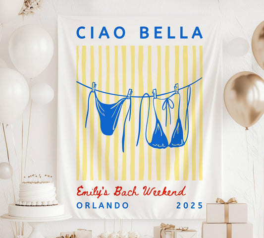 Ciao Bella Banner Custom Bikini Bachelorette Backdrop Ciao Bella Bridal Shower Wall Tapestry Striped Bikini Clothesline Decor Bach Party - LAUMIANstudio