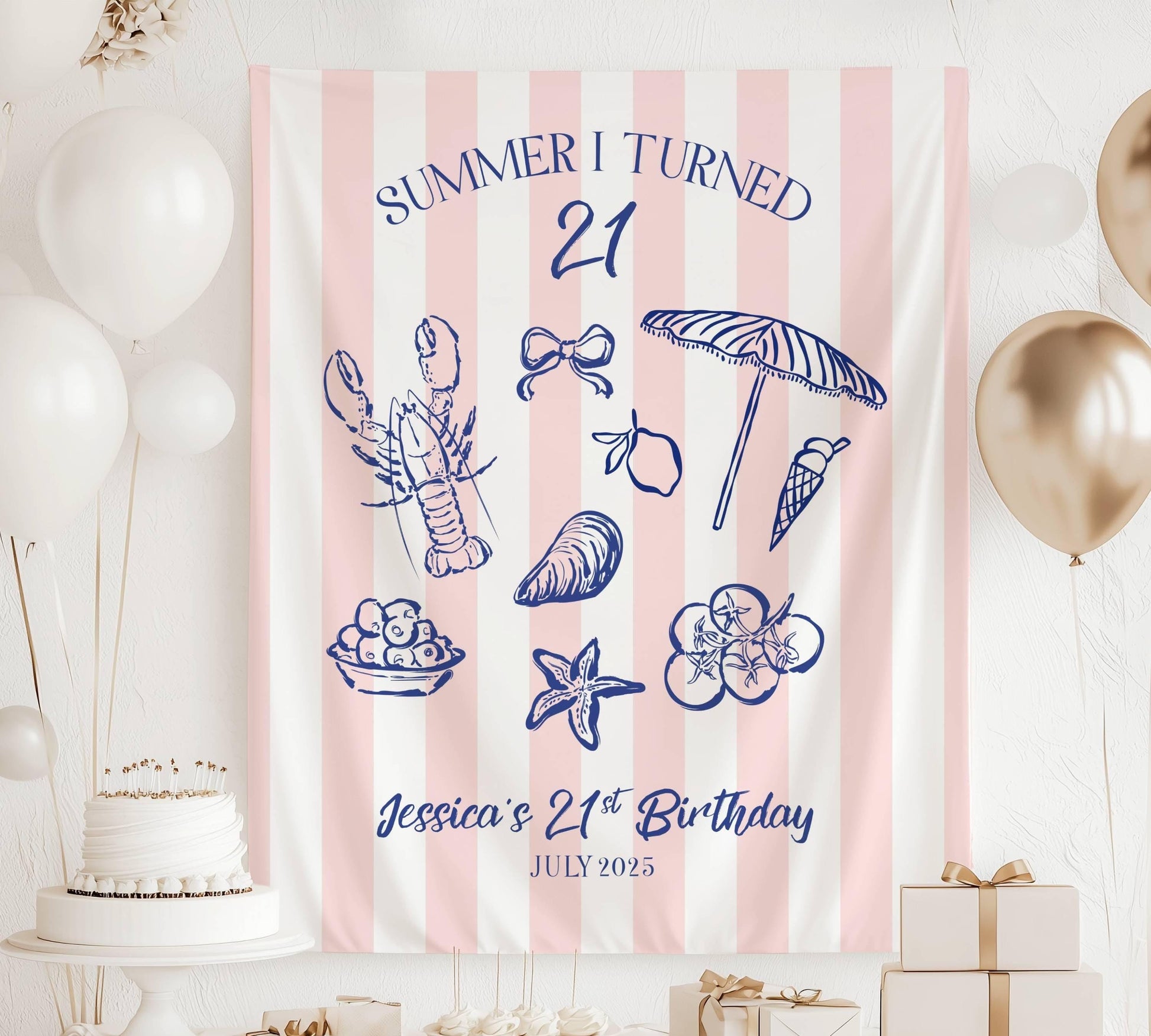 21st Birthday Patry Decor Summer I Turned 21 Banner Personalized Twenty First Birthday Welcome Sign Summer Coastal Birthday Photo Backdrop - LAUMIANstudio