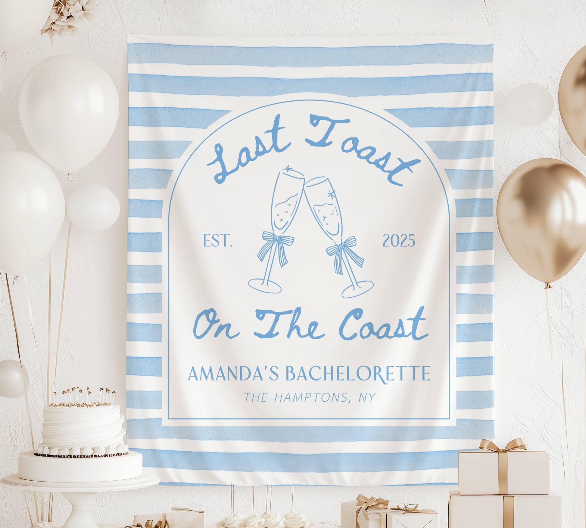 Last Toast on the Coast Banner Prosecco Beach Bridal Shower Backdrop Blue Coastal Bachelorette Fabric Sign Cocktail Party Decor Last Toast - LAUMIANstudio