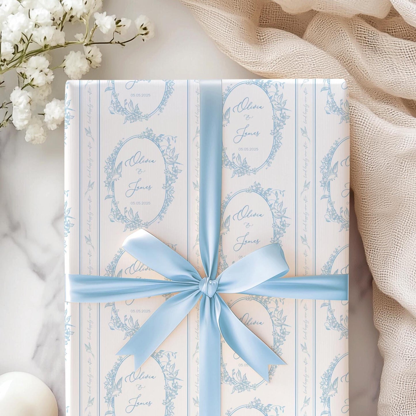 Elegant Personalized Wedding Paper Luxury Floral Wrapping Paper Blue Chinoiserie Wedding Wrap Custom Monogram Gift Wrap Something Blue Paper - LAUMIANstudio