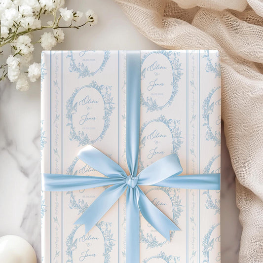 Elegant Personalized Wedding Paper Luxury Floral Wrapping Paper Blue Chinoiserie Wedding Wrap Custom Monogram Gift Wrap Something Blue Paper - LAUMIANstudio