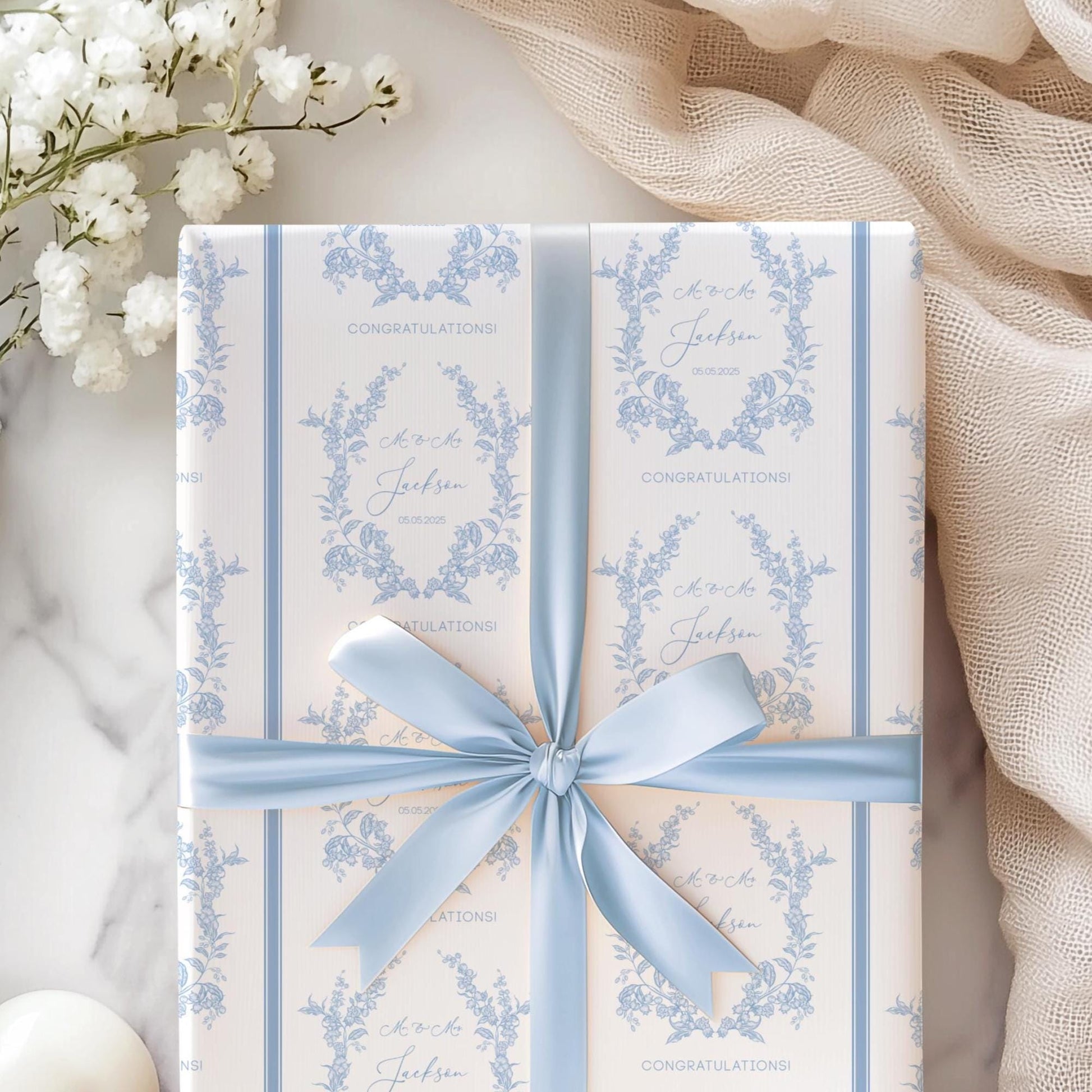 Blue Wedding Wrapping Paper Monogram Floral Wedding Gift Wrap Personalized Bride Groom Name Gift Wrap Blue Toile Wedding Wrap Paper - LAUMIANstudio