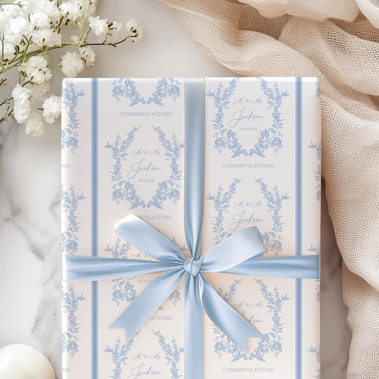Blue Wedding Wrapping Paper Monogram Floral Wedding Gift Wrap Personalized Bride Groom Name Gift Wrap Blue Toile Wedding Wrap Paper - LAUMIANstudio