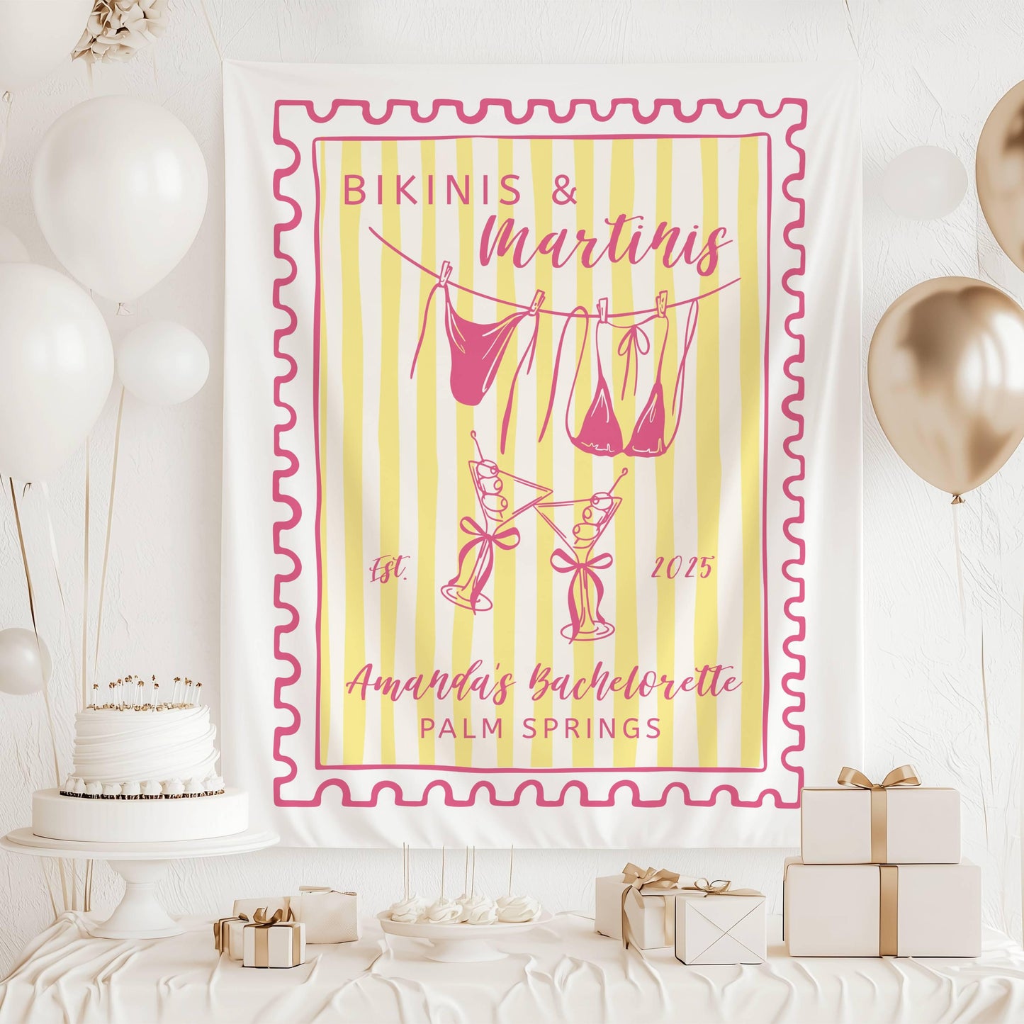Bikinis Martinis Bachelorette Banner Coastal Summer Bridal Shower Decor Bikinis Martinis Banner Stamp Custom Backdrop Bikinis Martinis Sign - LAUMIANstudio