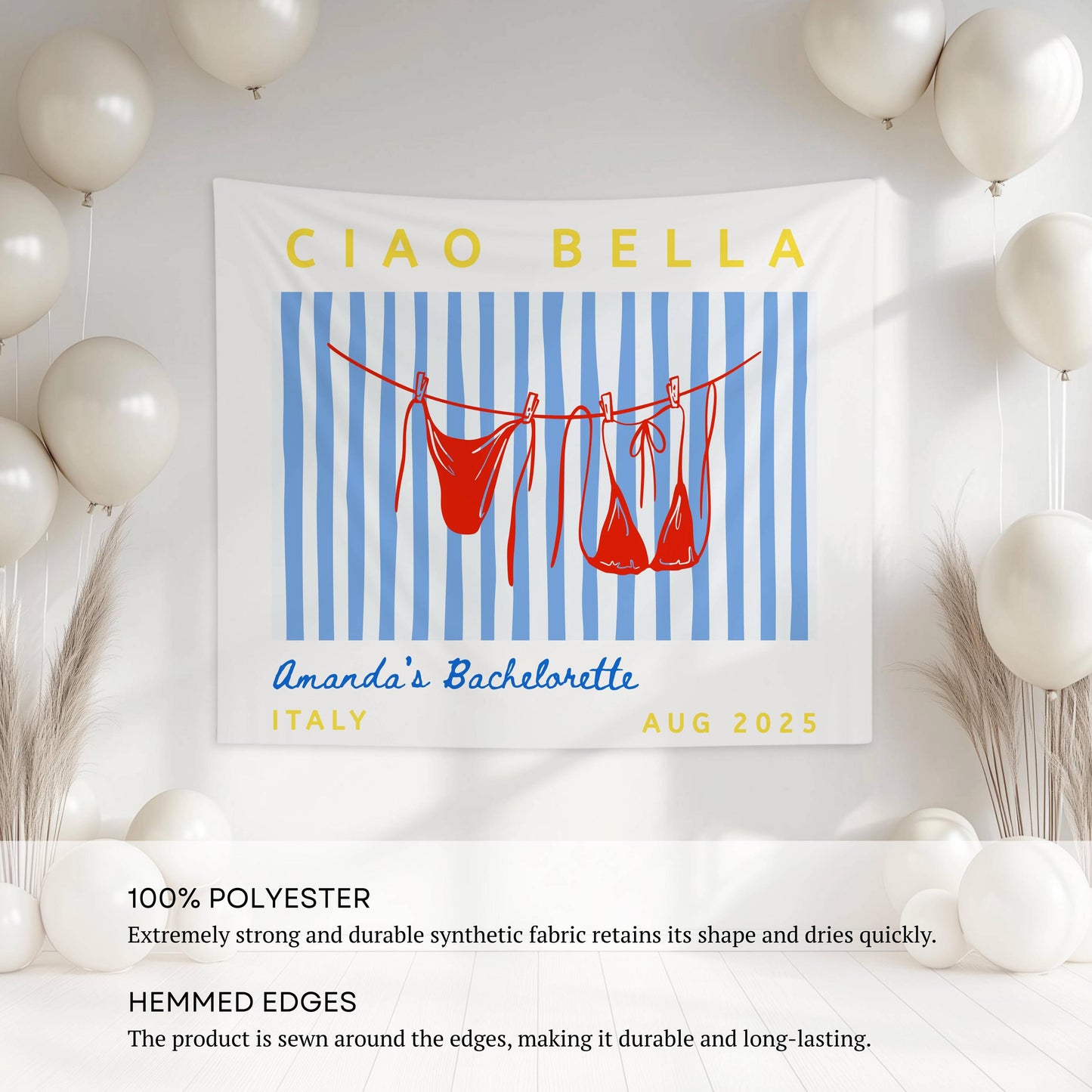 Ciao Bella Banner Custom Bikini Bachelorette Backdrop Ciao Bella Bridal Shower Wall Tapestry Striped Bikini Clothesline Decor Bach Party - LAUMIANstudio
