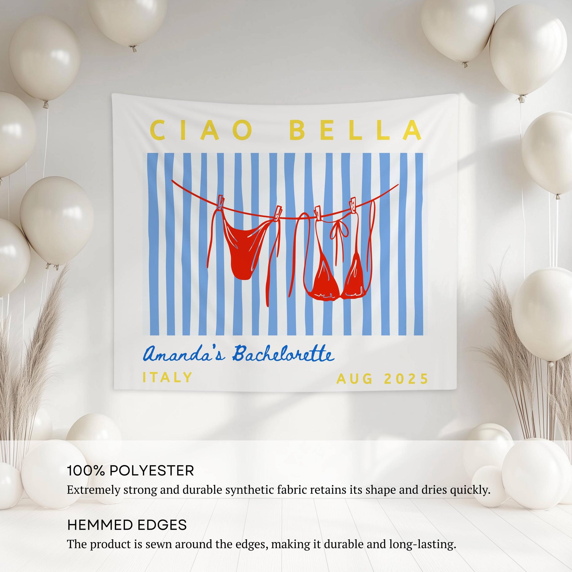 Ciao Bella Banner Custom Bikini Bachelorette Backdrop Ciao Bella Bridal Shower Wall Tapestry Striped Bikini Clothesline Decor Bach Party - LAUMIANstudio