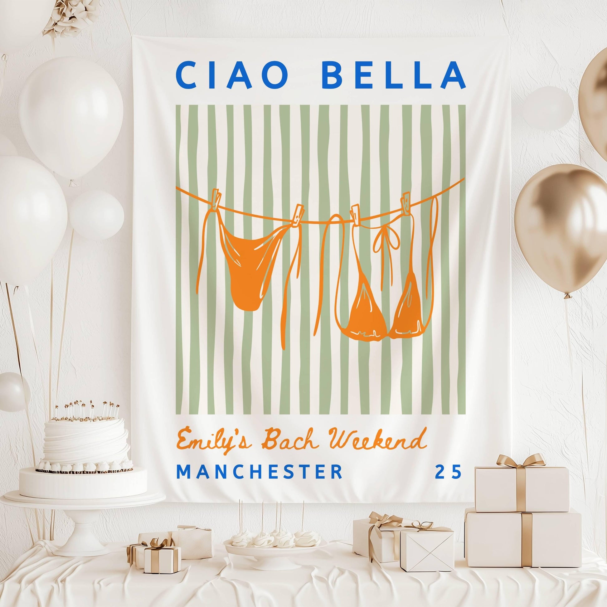 Summer Coastal Bachelorette Backdrop Italian Bachelorette Ciao Bella Bridal Shower Decor Bikini Clothesline Banner Ciao Bella Fabric Sign - LAUMIANstudio