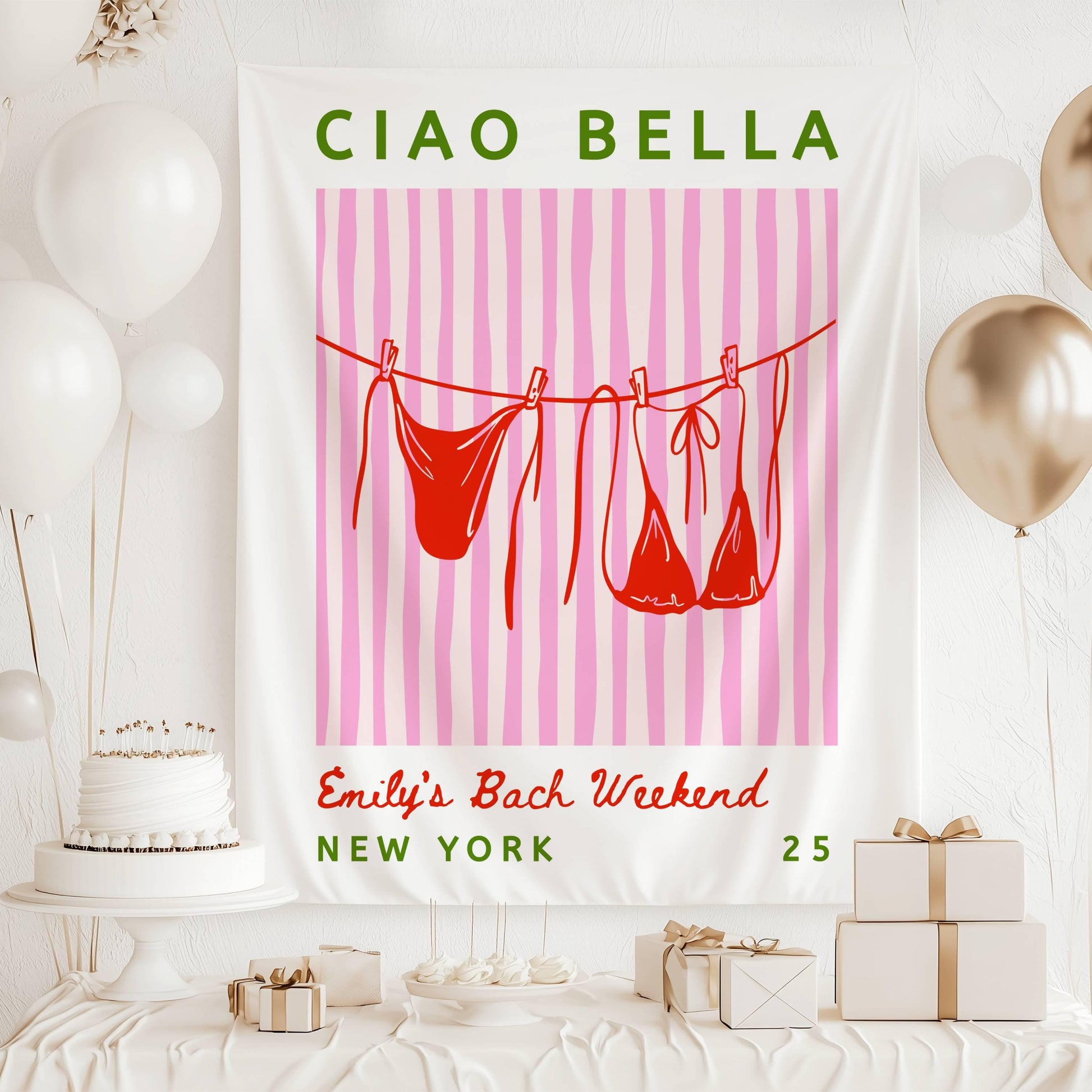 Ciao Bella Banner Custom Bikini Bachelorette Backdrop Ciao Bella Bridal Shower Wall Tapestry Striped Bikini Clothesline Decor Bach Party - LAUMIANstudio