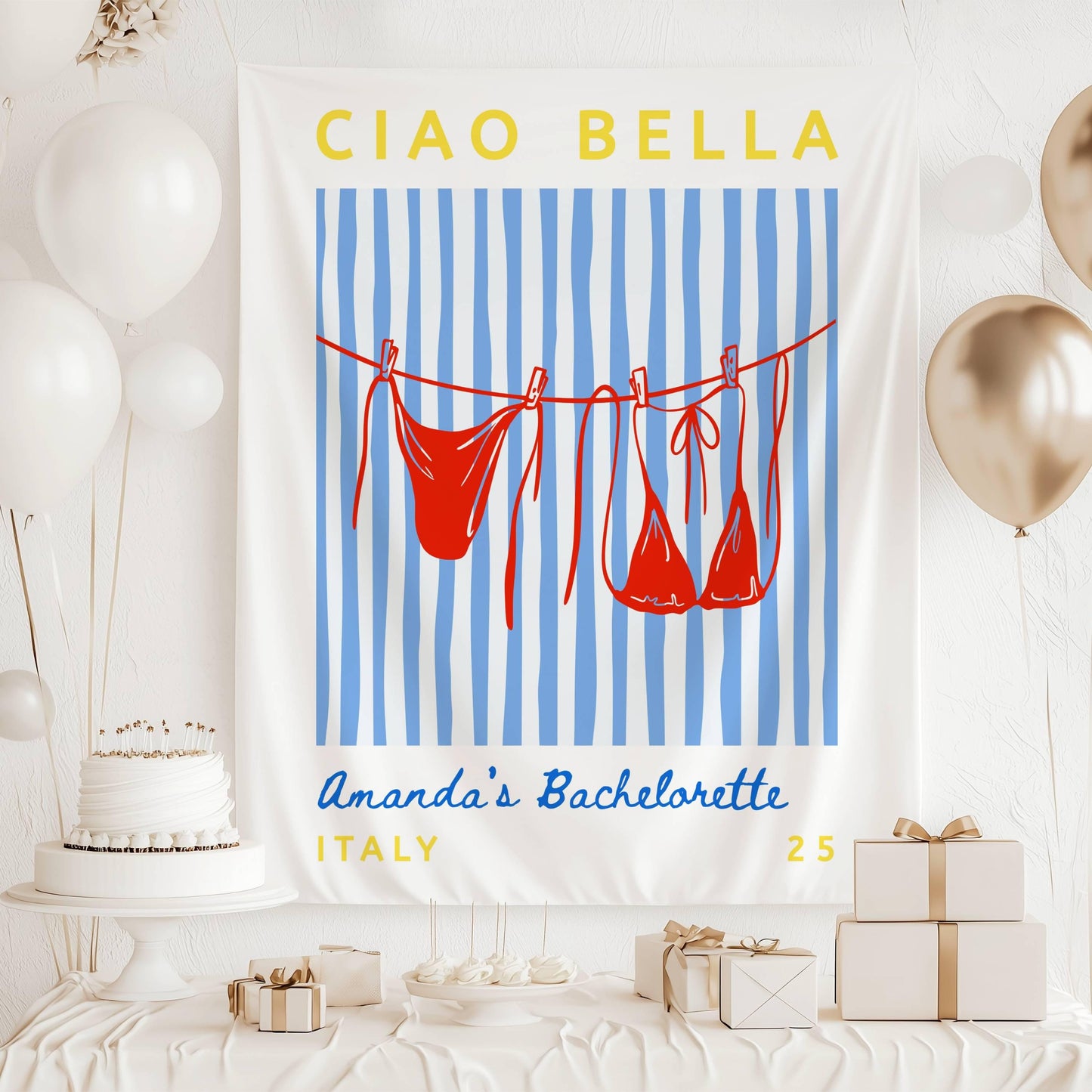 Ciao Bella Banner Custom Bikini Bachelorette Backdrop Ciao Bella Bridal Shower Wall Tapestry Striped Bikini Clothesline Decor Bach Party - LAUMIANstudio