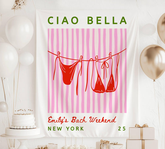 Summer Coastal Bachelorette Backdrop Italian Bachelorette Ciao Bella Bridal Shower Decor Bikini Clothesline Banner Ciao Bella Fabric Sign - LAUMIANstudio