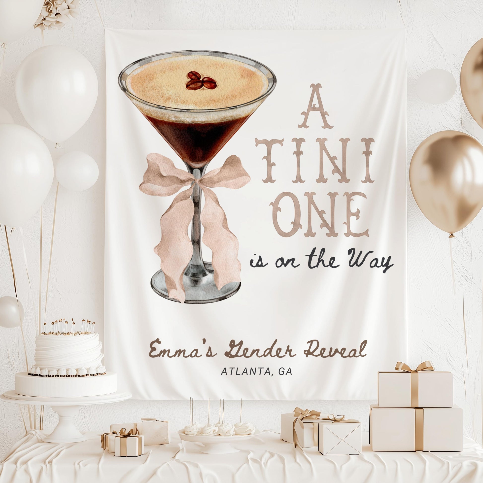 Tini One Baby Shower Banner Espresso Martini Baby Sprinkle Backdrop Cocktail with Pink Bow Baby Shower Decor Personalized Martini Tapestry - LAUMIANstudio