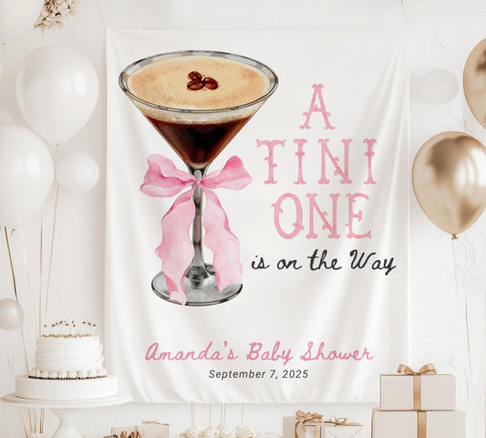 Tini One Baby Shower Banner Espresso Martini Baby Sprinkle Backdrop Cocktail with Pink Bow Baby Shower Decor Personalized Martini Tapestry - LAUMIANstudio