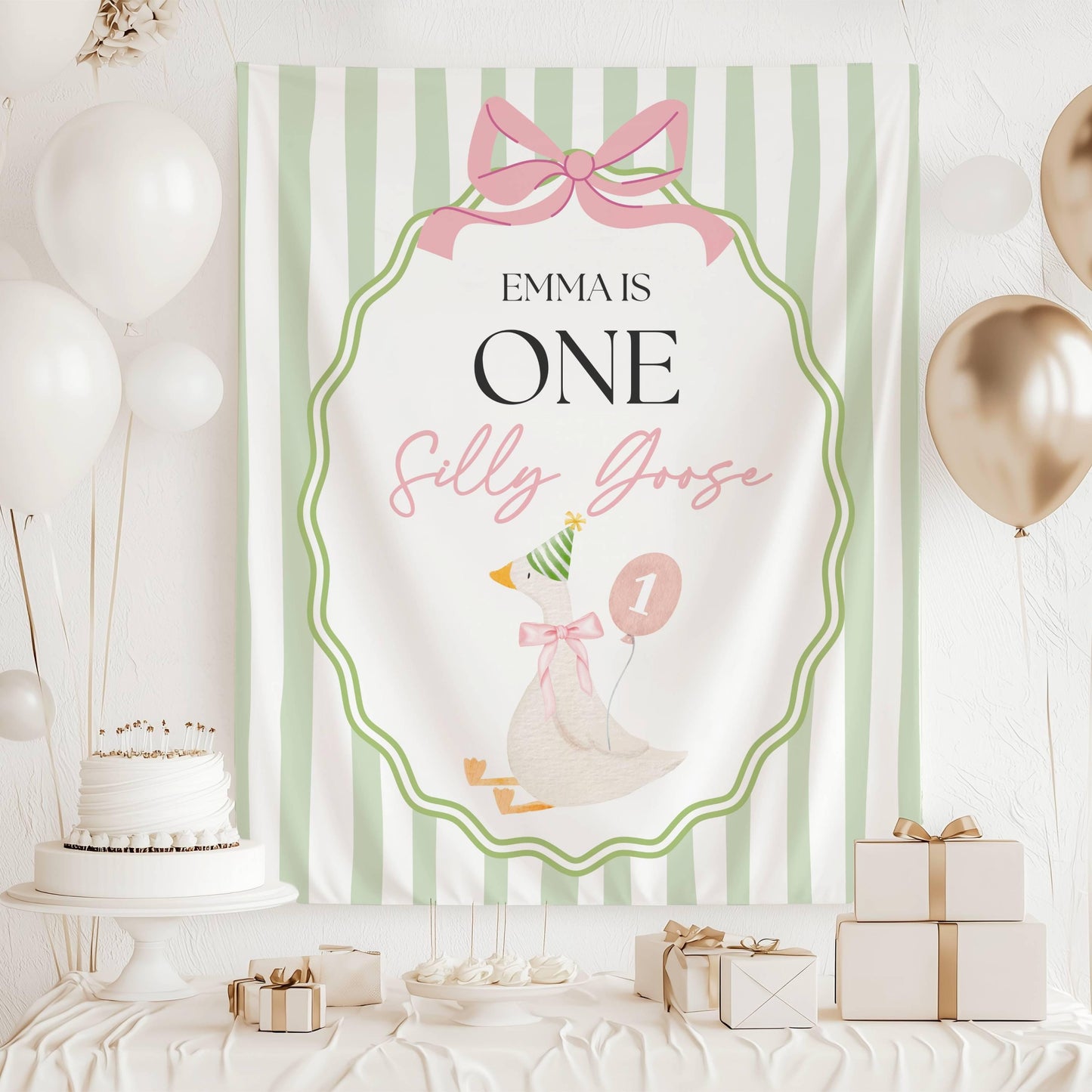 Silly Goose 2nd Birthday Backdrop ANY AGE Custom Name is Two Silly Birthday Decor Goose is 2 Welcome Sign Girl Second Birthday Backdrop - LAUMIANstudio
