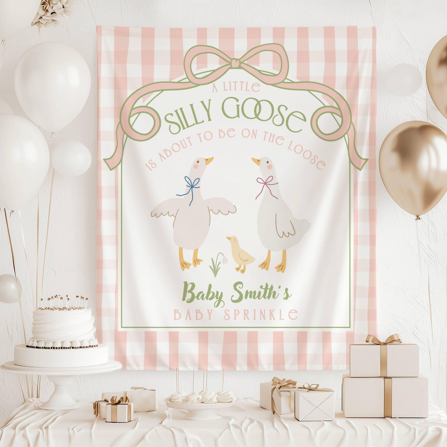 Custom Silly Goose Baby Shower Backdrop Custom Goose Baby Shower Banner Gingham Background Mother Goose and Gosling Baby Shower Welcome Sign - LAUMIANstudio