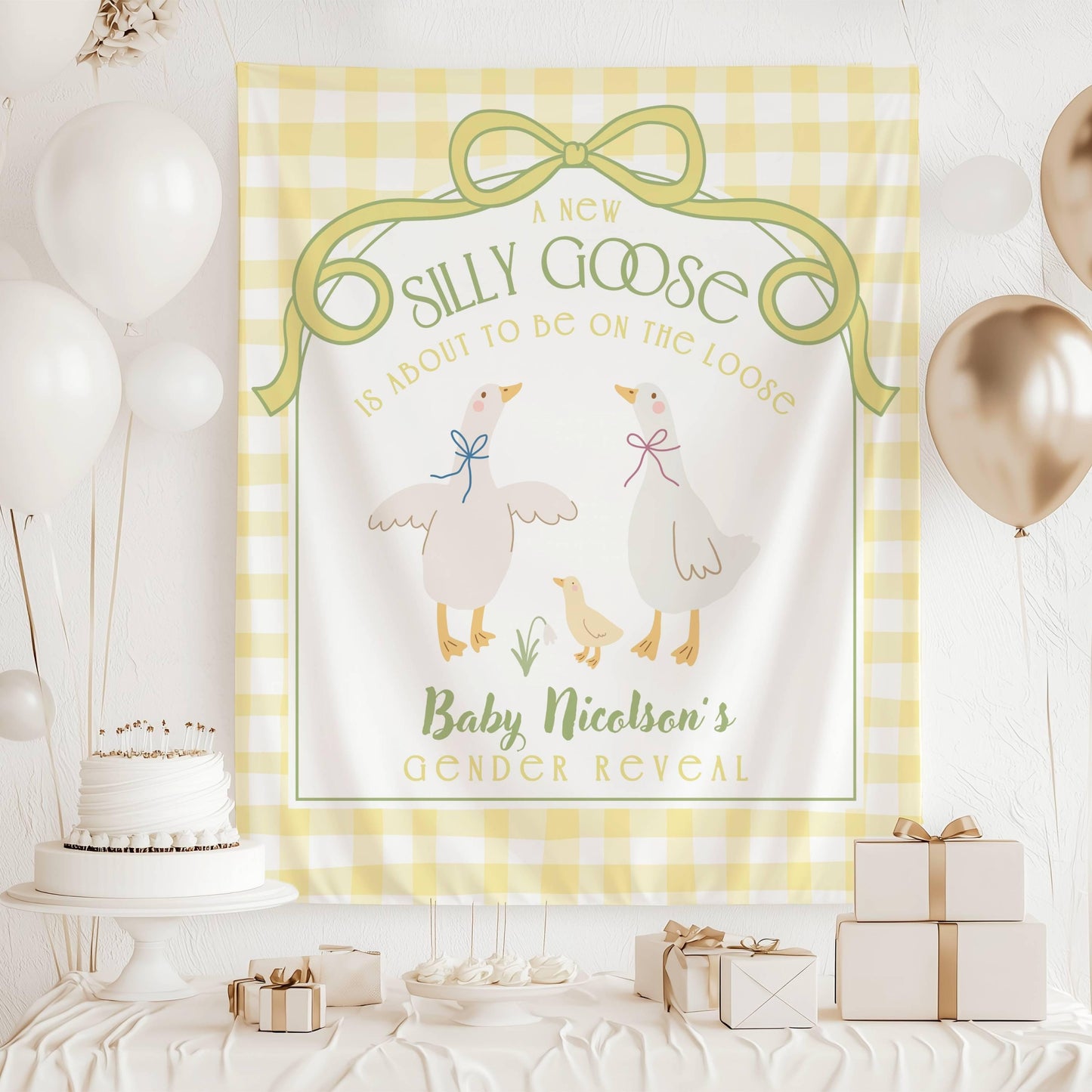 Custom Silly Goose Baby Shower Backdrop Custom Goose Baby Shower Banner Gingham Background Mother Goose and Gosling Baby Shower Welcome Sign - LAUMIANstudio
