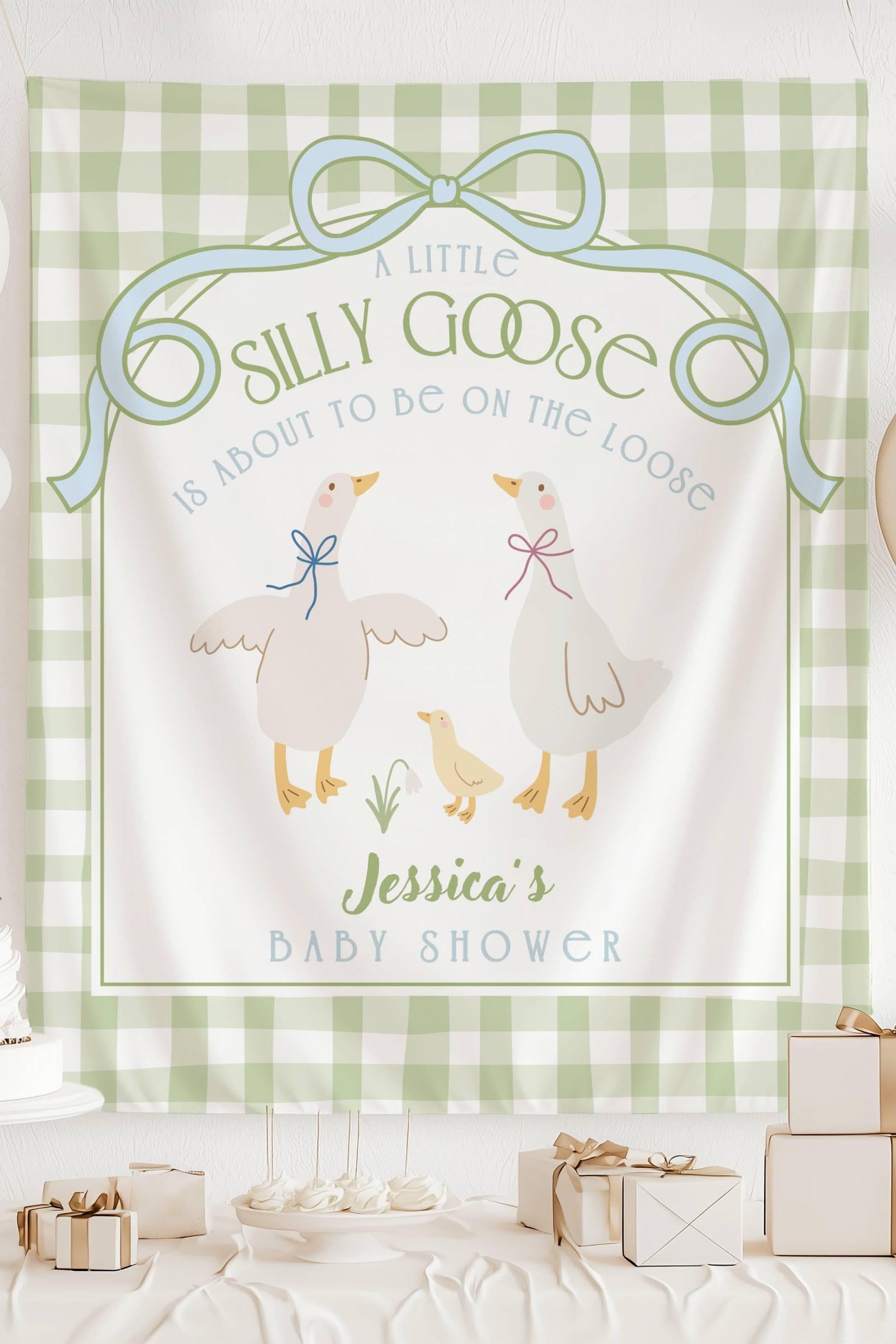 Custom Silly Goose Baby Shower Backdrop Custom Goose Baby Shower Banner Gingham Background Mother Goose and Gosling Baby Shower Welcome Sign - LAUMIANstudio