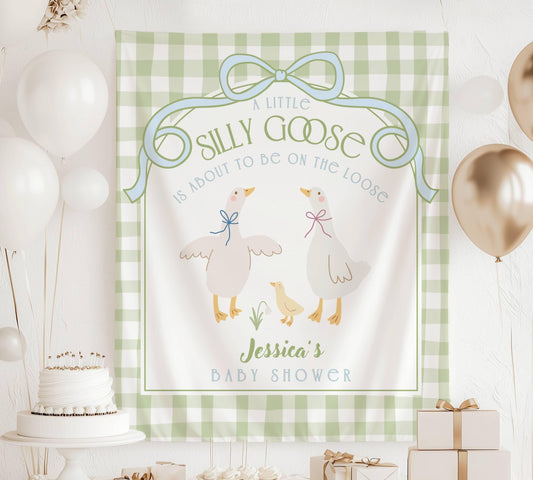 Custom Silly Goose Baby Shower Backdrop Custom Goose Baby Shower Banner Gingham Background Mother Goose and Gosling Baby Shower Welcome Sign - LAUMIANstudio