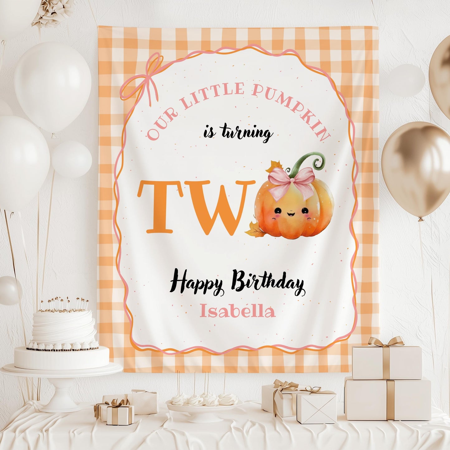 Pumpkin is Two Banner Fall Birthday Party Decor Autumn 2nd Birthday Backdrop Little Pumpkin is Turning Two Fabric Sign Second Birthday Decor - LAUMIANstudio
