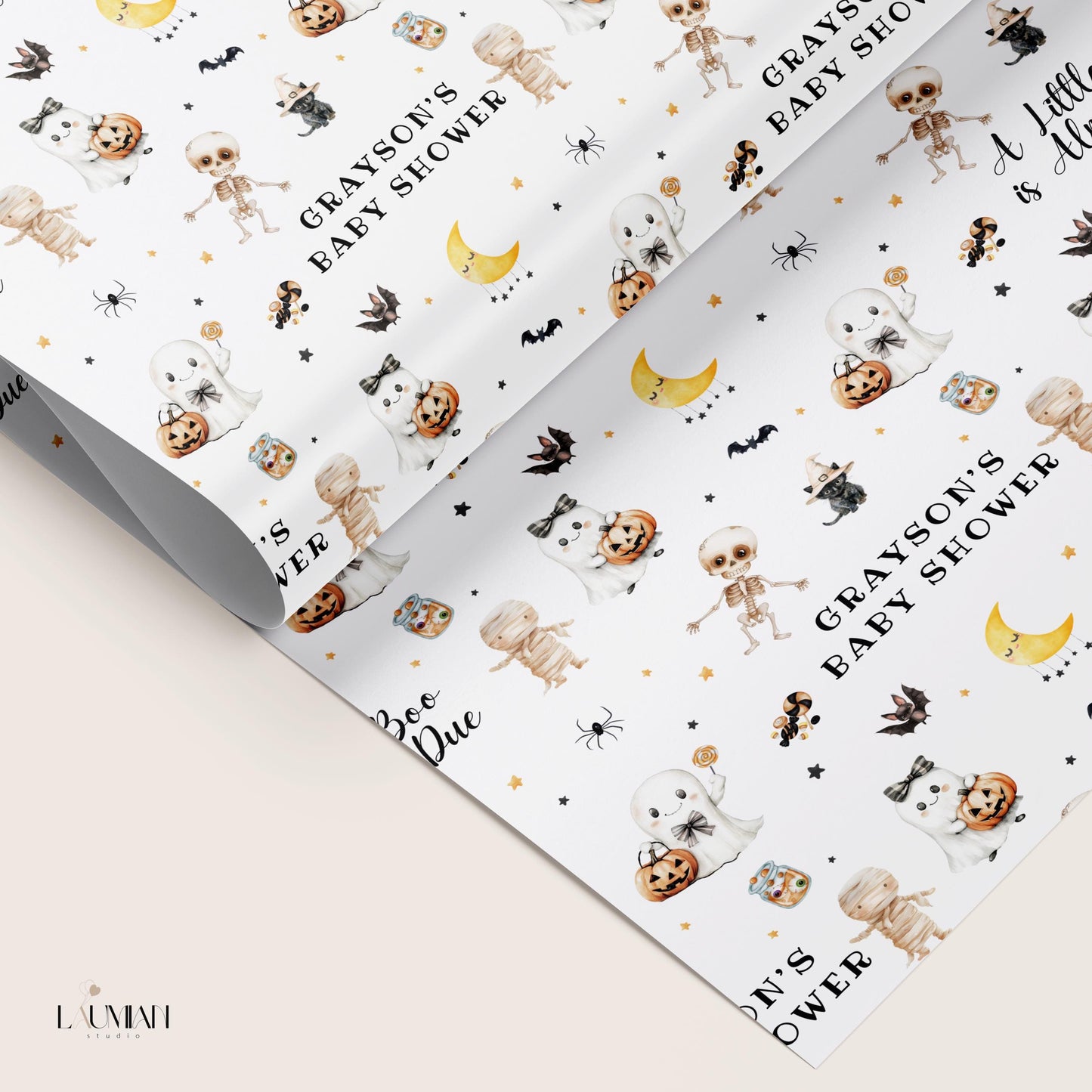 Little Boo is Almost Due Wrapping Paper Cute Spooky Gift Wrap Little Boo Wrapping Paper Halloween Baby Shower Gift Wrapping Paper for Kid - LAUMIANstudio