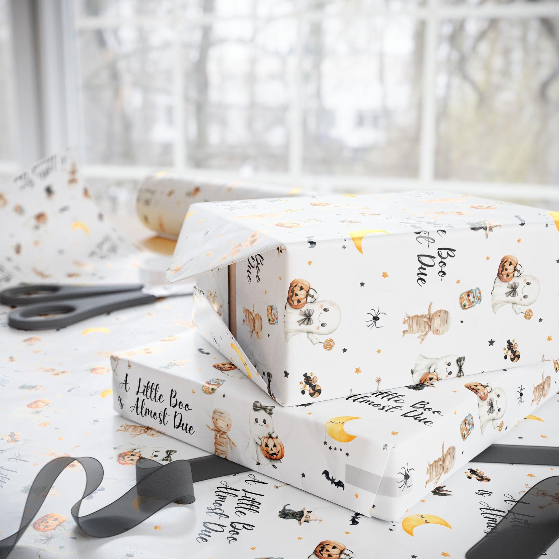 Little Boo is Almost Due Wrapping Paper Cute Spooky Gift Wrap Little Boo Wrapping Paper Halloween Baby Shower Gift Wrapping Paper for Kid - LAUMIANstudio