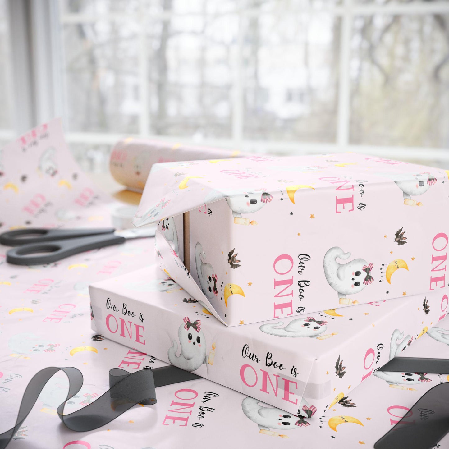 Pink Little Boo is ONE Gift Wrap Baby Girl Halloween Birthday Wrapping Paper Fall 1st Birthday Gift Paper Spooky Ghost Wrapping Paper Roll - LAUMIANstudio