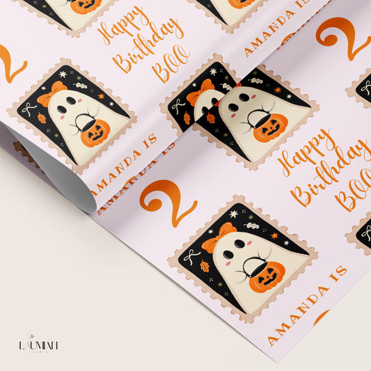 Boo is Two Wrapping Paper Boo Birthday Gift Wrap Cute Ghost Baby Girl Birthday Party Gift Wrapping Paper Roll Fall Birthday Gift Wrap Spooky - LAUMIANstudio