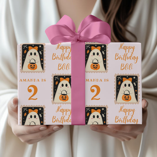 Boo is Two Wrapping Paper Boo Birthday Gift Wrap Cute Ghost Baby Girl Birthday Party Gift Wrapping Paper Roll Fall Birthday Gift Wrap Spooky - LAUMIANstudio