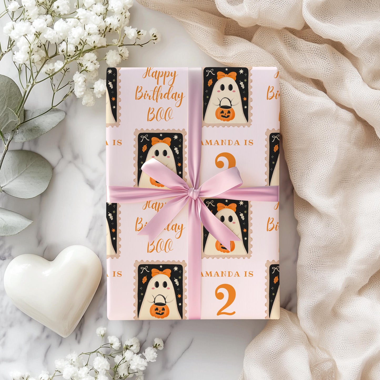 Boo is Two Wrapping Paper Boo Birthday Gift Wrap Cute Ghost Baby Girl Birthday Party Gift Wrapping Paper Roll Fall Birthday Gift Wrap Spooky - LAUMIANstudio