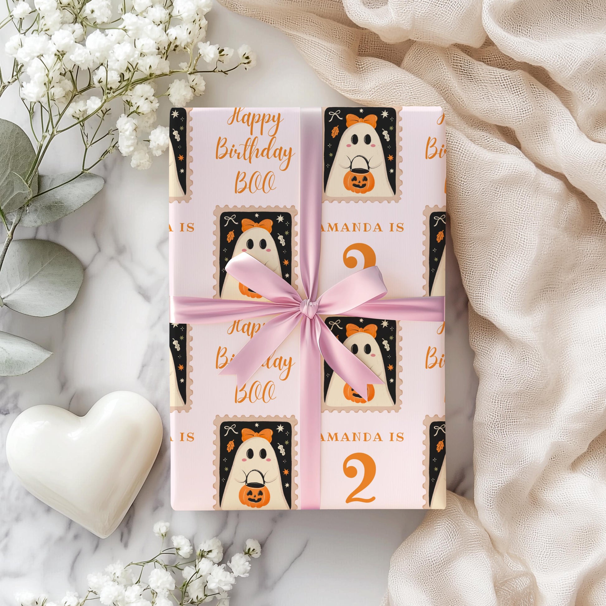 Boo is Two Wrapping Paper Boo Birthday Gift Wrap Cute Ghost Baby Girl Birthday Party Gift Wrapping Paper Roll Fall Birthday Gift Wrap Spooky - LAUMIANstudio