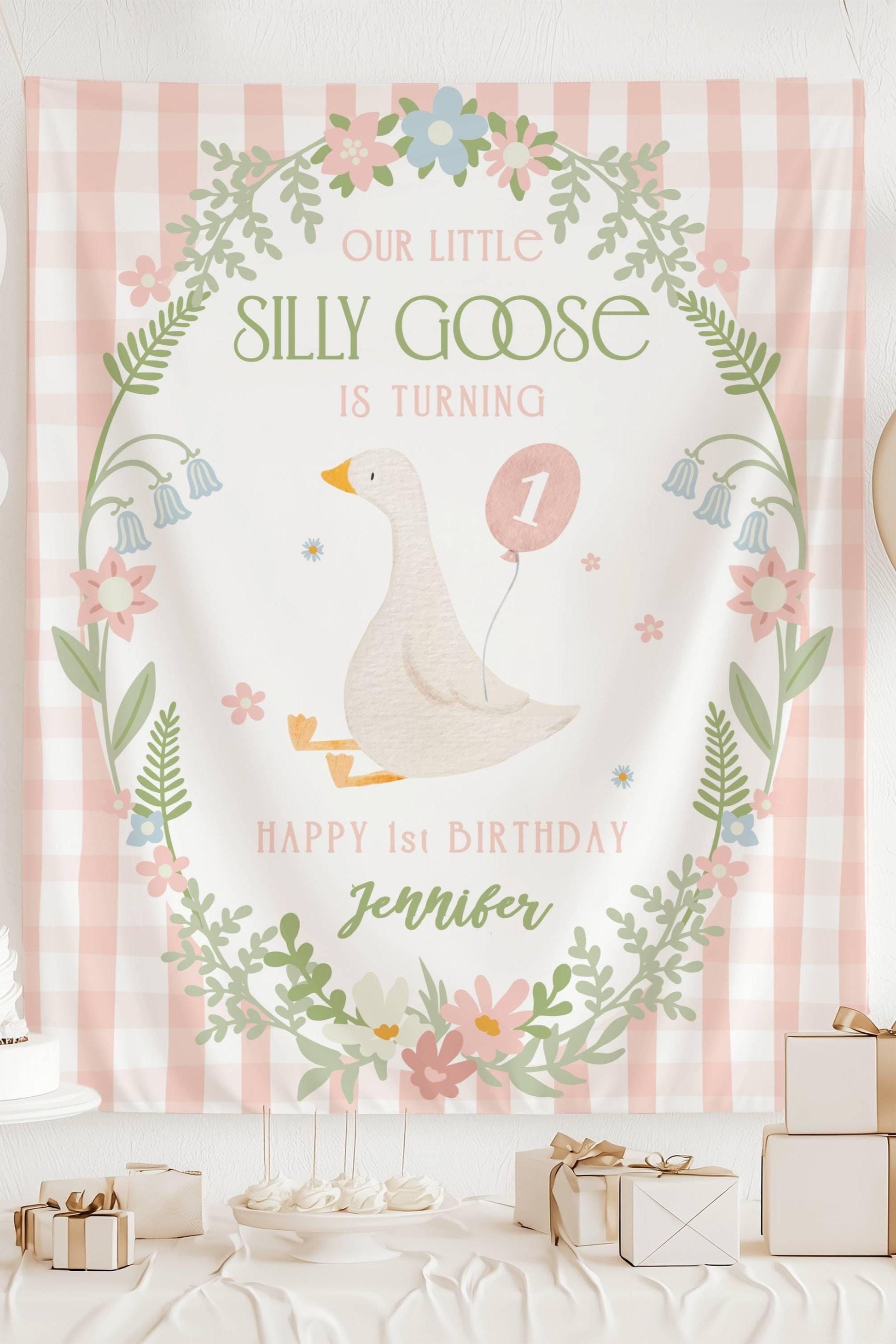 Pink Silly Goose Birthday Decor Silly Goose 1st Birthday Party Banner Custom Baby Girl 2nd Birthday Backdrop Funny Goose Birthday Party Sign - LAUMIANstudio