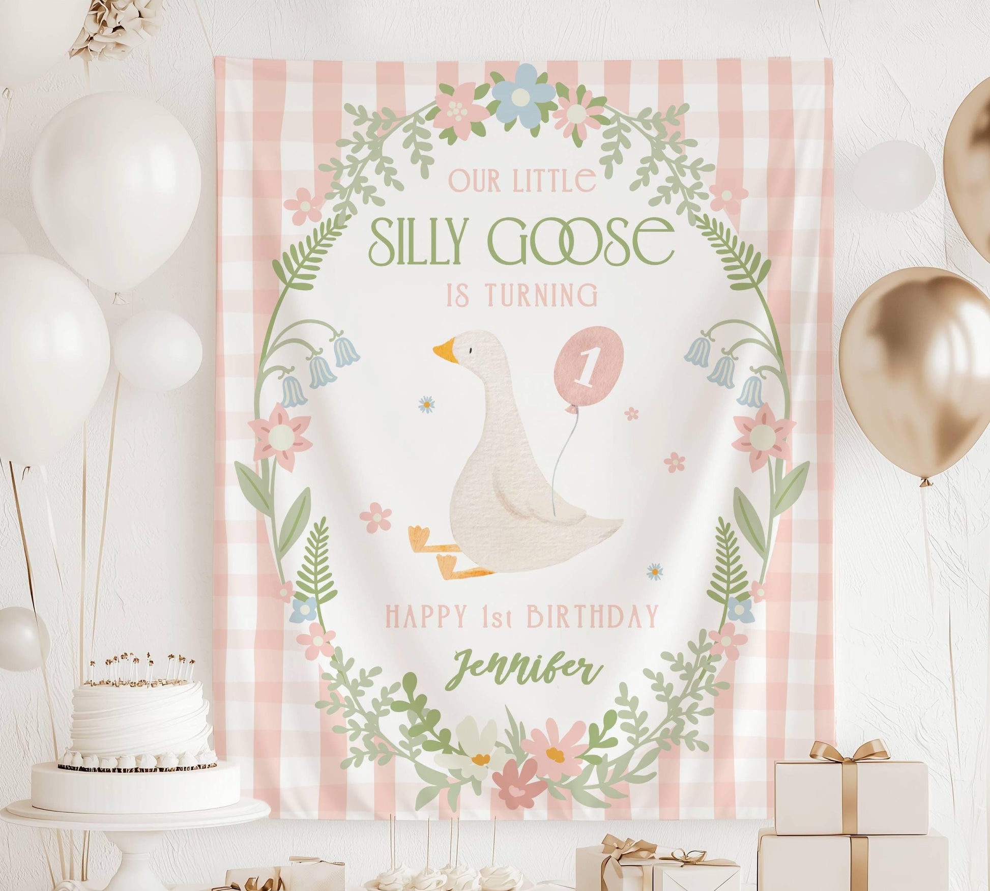 Pink Silly Goose Birthday Decor Silly Goose 1st Birthday Party Banner Custom Baby Girl 2nd Birthday Backdrop Funny Goose Birthday Party Sign - LAUMIANstudio