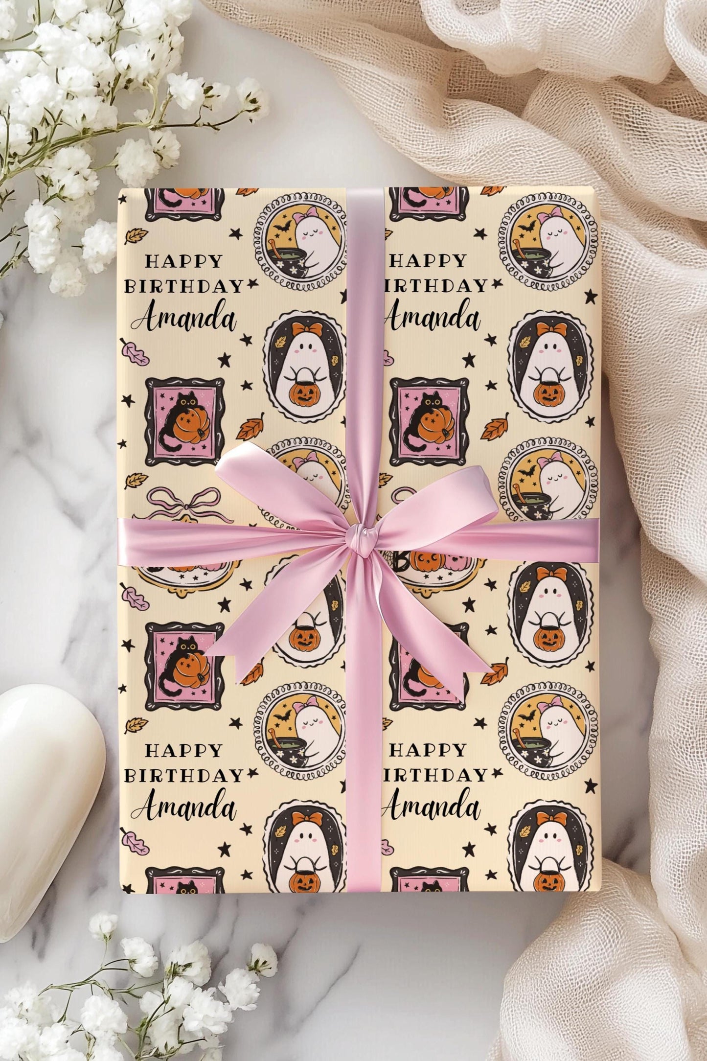 Custom Cute Boo Wrapping Paper Little Boo is One Birthday Gift Wrap Baby Girl Boo is Two Wrapping Paper Roll Autumn First Birthday Gift Wrap - LAUMIANstudio