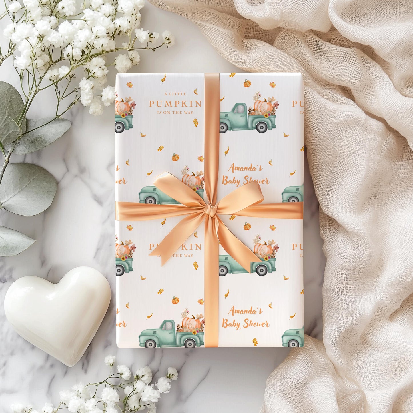 Pumpkin Truck Gift Wrap Personalized Pumpkin Baby Shower Wrapping Paper Elegant Fall Gift Wrap Little Pumpkin on the Way Baby Shower Decor - LAUMIANstudio