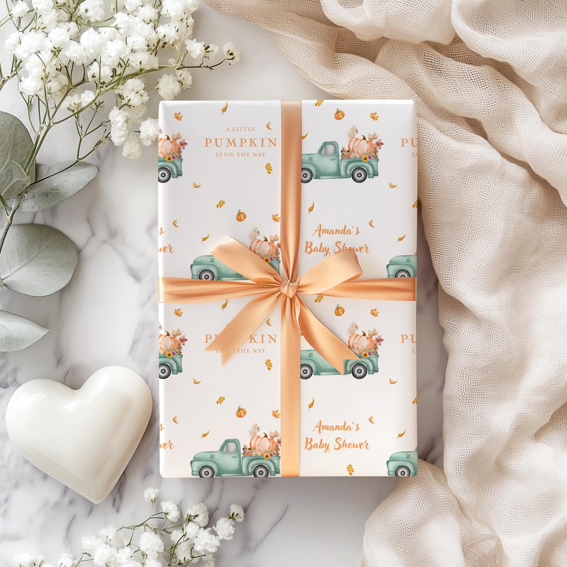 Pumpkin Truck Gift Wrap Personalized Pumpkin Baby Shower Wrapping Paper Elegant Fall Gift Wrap Little Pumpkin on the Way Baby Shower Decor - LAUMIANstudio