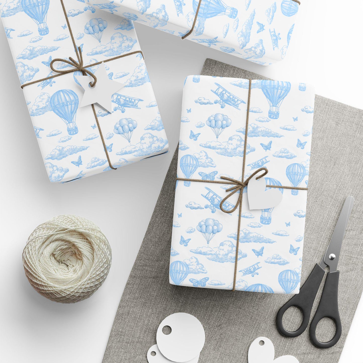 Blue Toile Hot Air Balloon Gift Wrap Chinoiserie Clouds Wrapping Paper Blue Baby Shower Gift Paper Aeroplane Gift Wrap Roll 1st Birthday - LAUMIANstudio