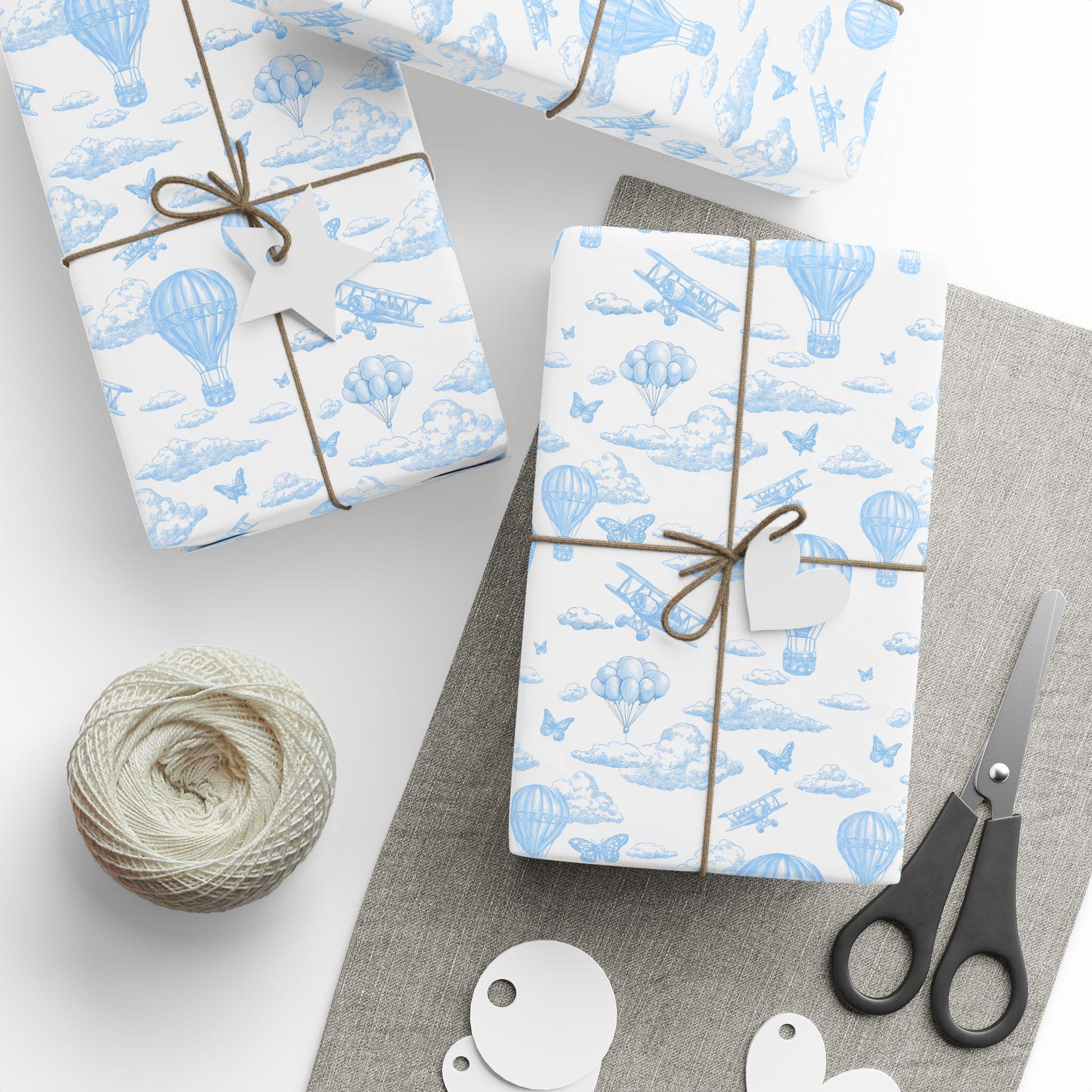 Blue Toile Hot Air Balloon Gift Wrap Chinoiserie Clouds Wrapping Paper Blue Baby Shower Gift Paper Aeroplane Gift Wrap Roll 1st Birthday - LAUMIANstudio
