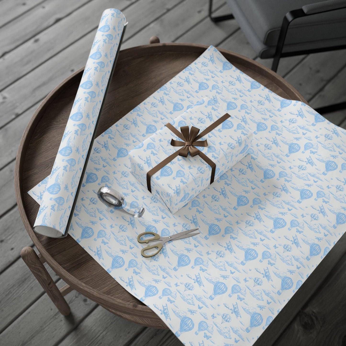 Blue Toile Hot Air Balloon Gift Wrap Chinoiserie Clouds Wrapping Paper Blue Baby Shower Gift Paper Aeroplane Gift Wrap Roll 1st Birthday - LAUMIANstudio