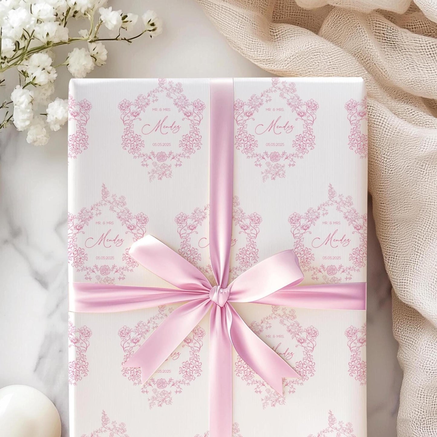 Pink Wedding Wrapping Paper Personalized Bride Groom Name Gift Wrapping Soft Pink Wedding Wrap Personalized Couple Name Emblem - LAUMIANstudio