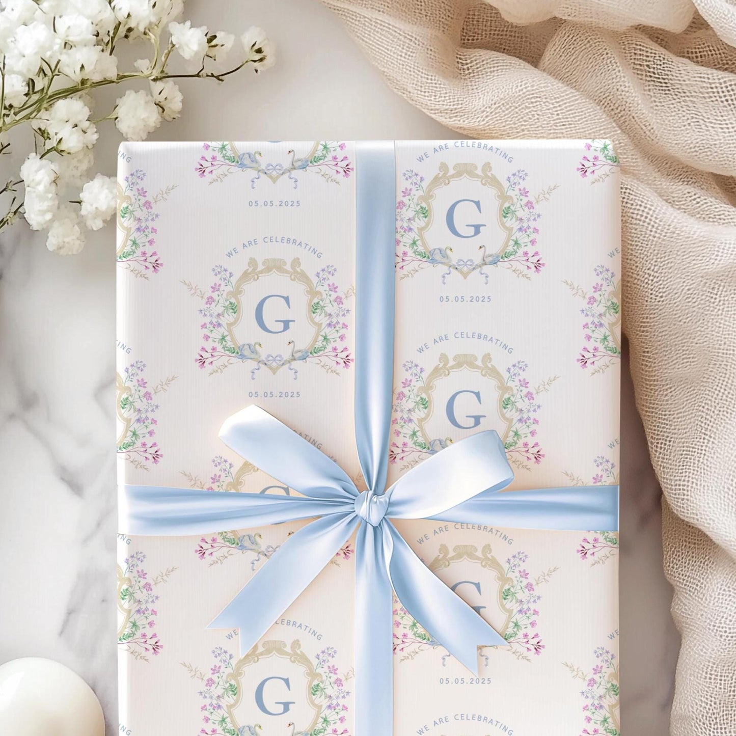 Elegant Wedding Gift Wrap Custom Bride Groom Name Wrapping Paper Personalized Floral Engagement Gift Packaging Emblem Wrapping Paper Roll - LAUMIANstudio