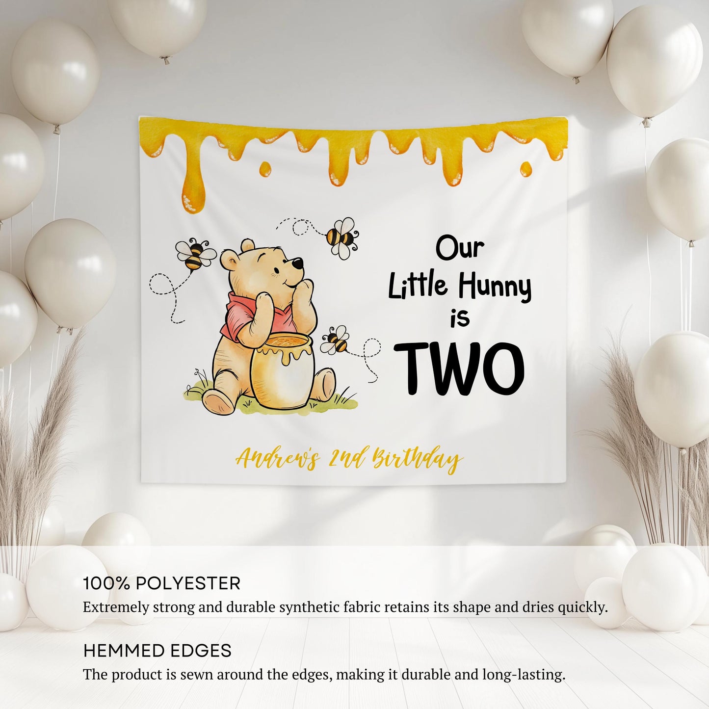 Classic Winnie is Two Banner Our Little Hunny is Turning 2 Birthday Backdrop Winnie the Pooh 2nd Birthday Banner Honey Bee Themed Party - LAUMIANstudio