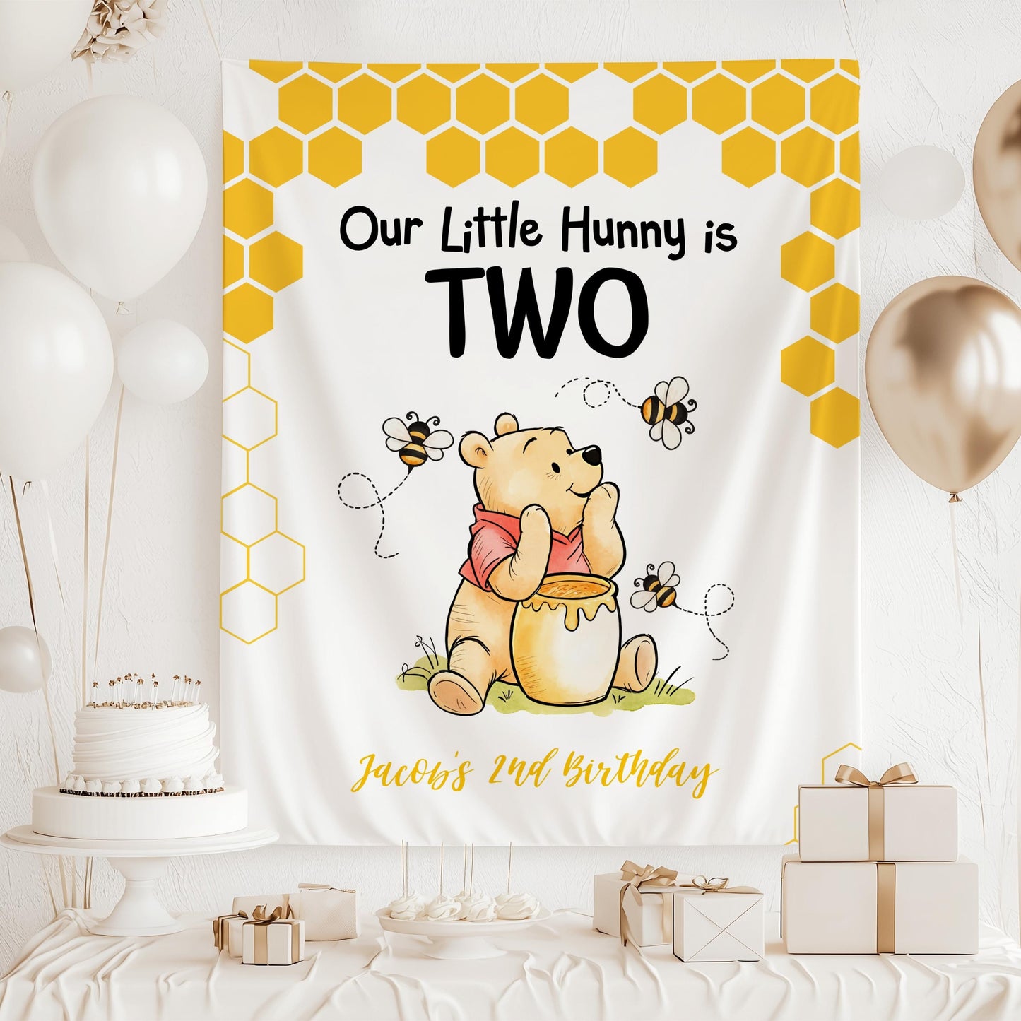 Our Little Hunny 1st Birthday Banner Little Hunny is Turning One Backdrop Winnie Birthday Decor Honey Bee Birthday Sign Classic Winnie - LAUMIANstudio