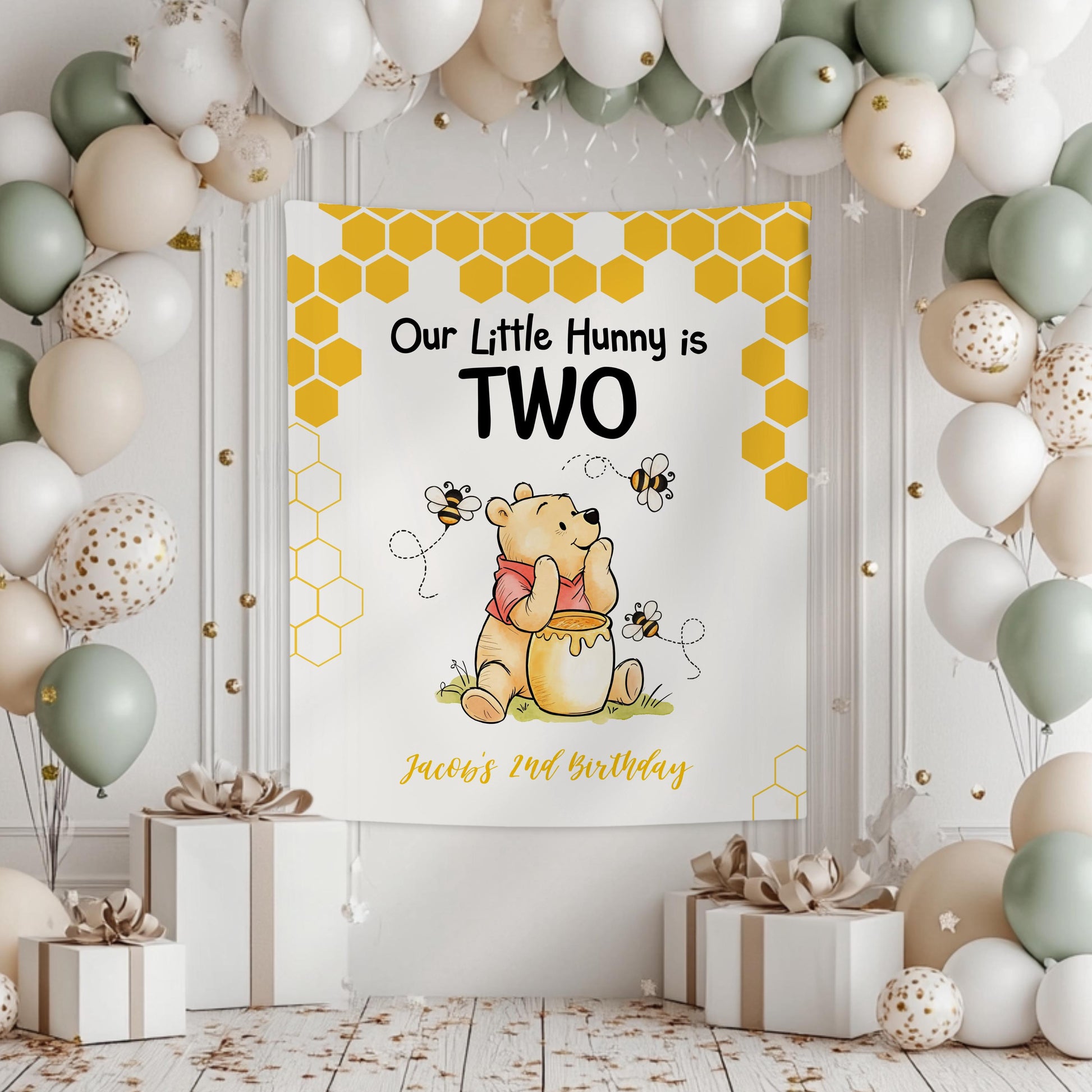 Our Little Hunny 1st Birthday Banner Little Hunny is Turning One Backdrop Winnie Birthday Decor Honey Bee Birthday Sign Classic Winnie - LAUMIANstudio