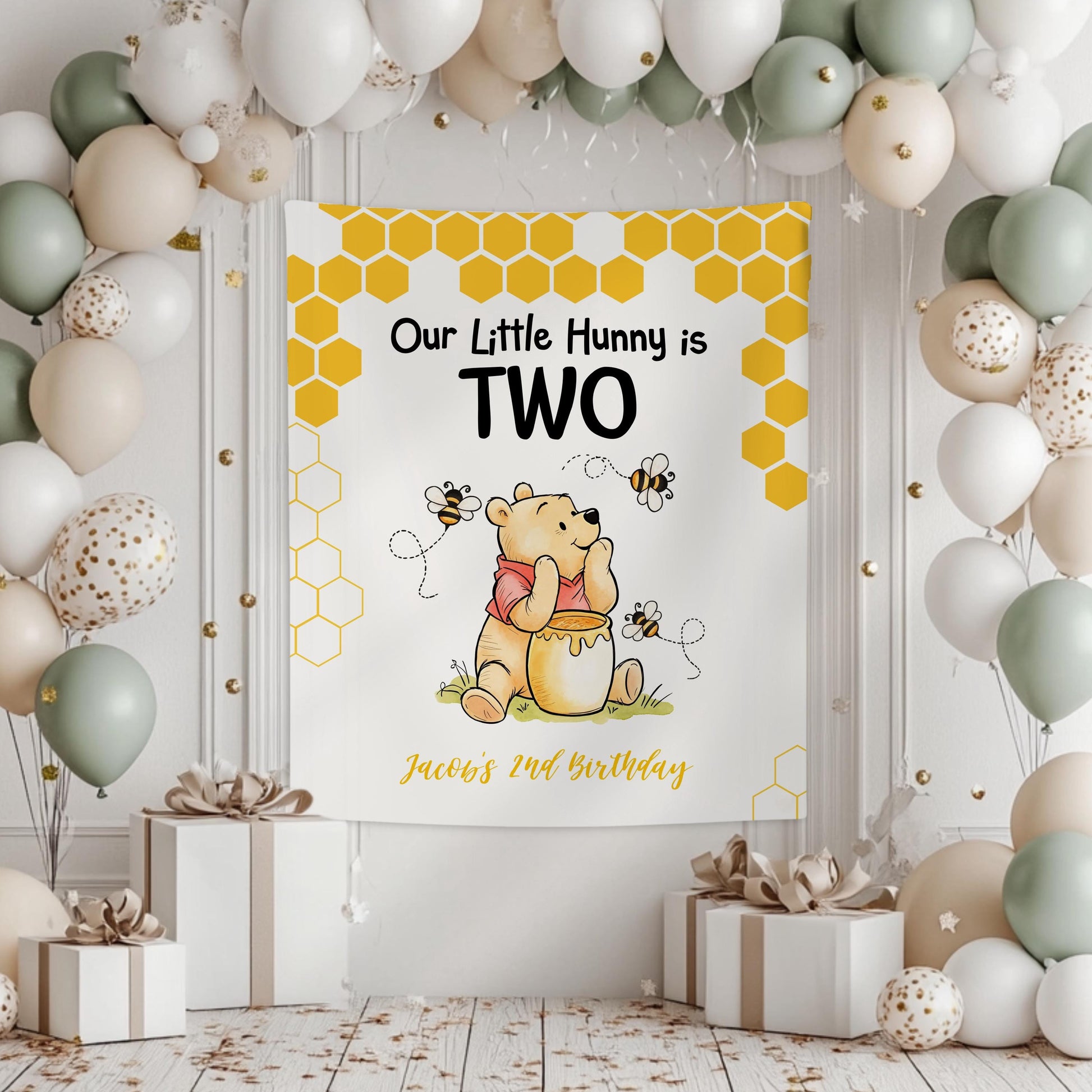 Classic Winnie is Two Banner Our Little Hunny is Turning 2 Birthday Backdrop Winnie the Pooh 2nd Birthday Banner Honey Bee Themed Party - LAUMIANstudio