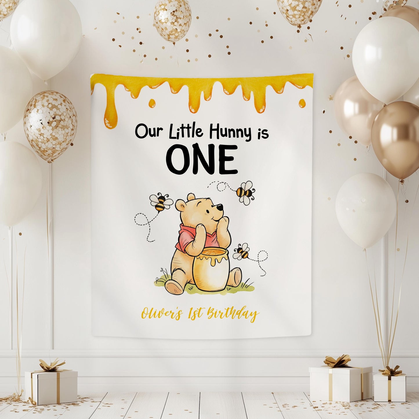 Classic Winnie is Two Banner Our Little Hunny is Turning 2 Birthday Backdrop Winnie the Pooh 2nd Birthday Banner Honey Bee Themed Party - LAUMIANstudio